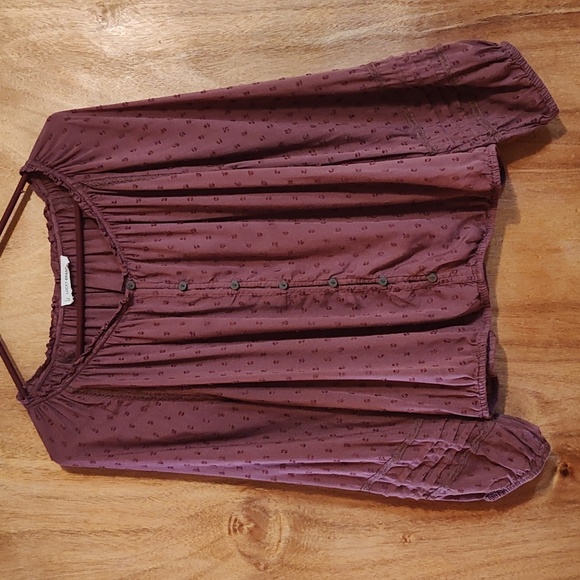 Lucky Brand Tops - Lucky Brand Boho Cropped Swiss Dot Peasant Blouse Mauve Modal Blend Flowy Lace L